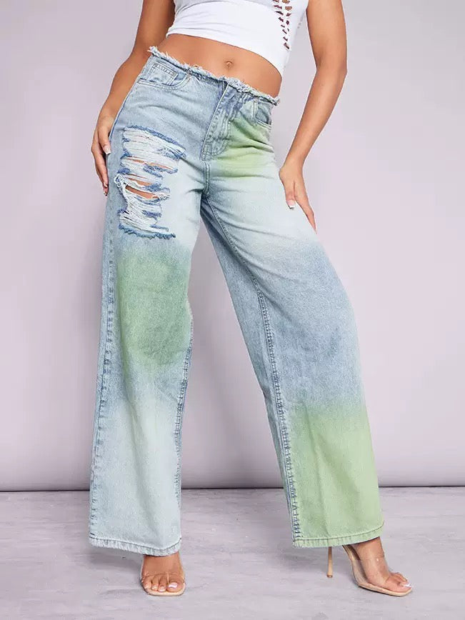 European and American outer size broken style wide-leg trousers women's autumn and winter personalized inkjet contrast color design Slimming jeans women