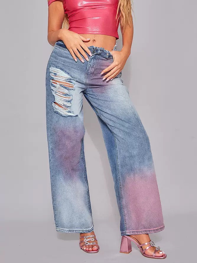 European and American outer size broken style wide-leg trousers women's autumn and winter personalized inkjet contrast color design Slimming jeans women