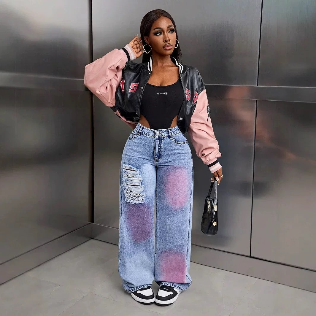 presale -15778# Amazon Cross-border Foreign Trade Women's Wear Europe and America INS Inkjet Hole Design Skinny Jeans