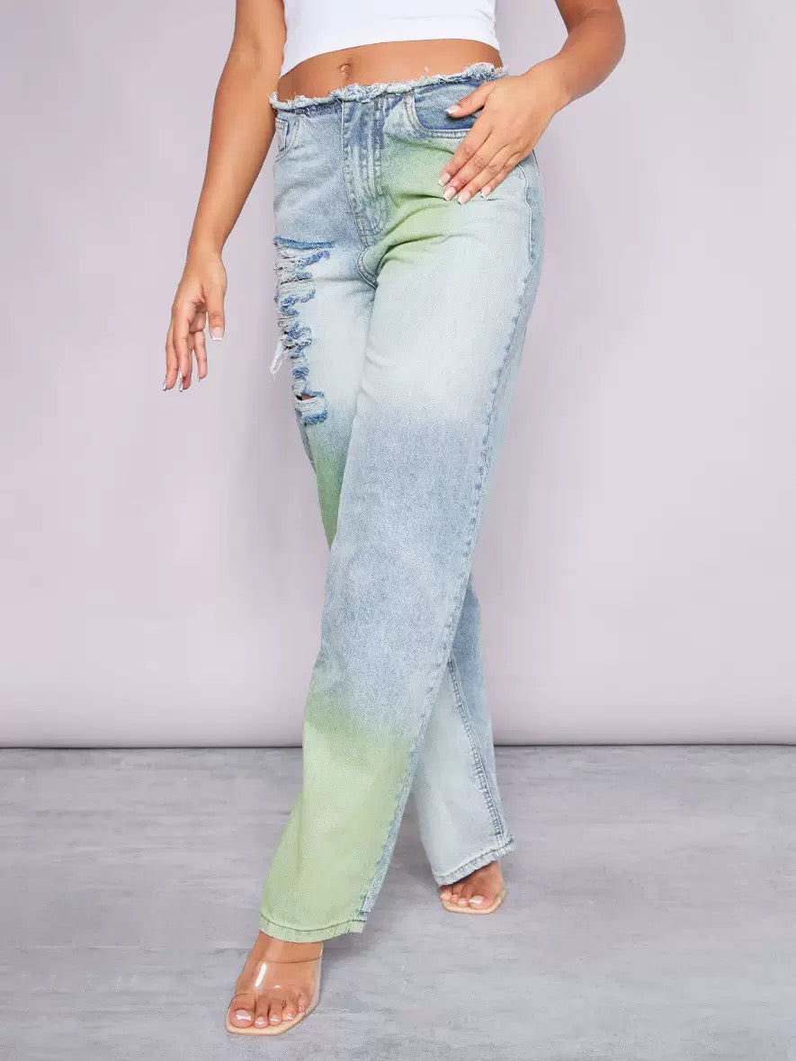 European and American outer size broken style wide-leg trousers women's autumn and winter personalized inkjet contrast color design Slimming jeans women