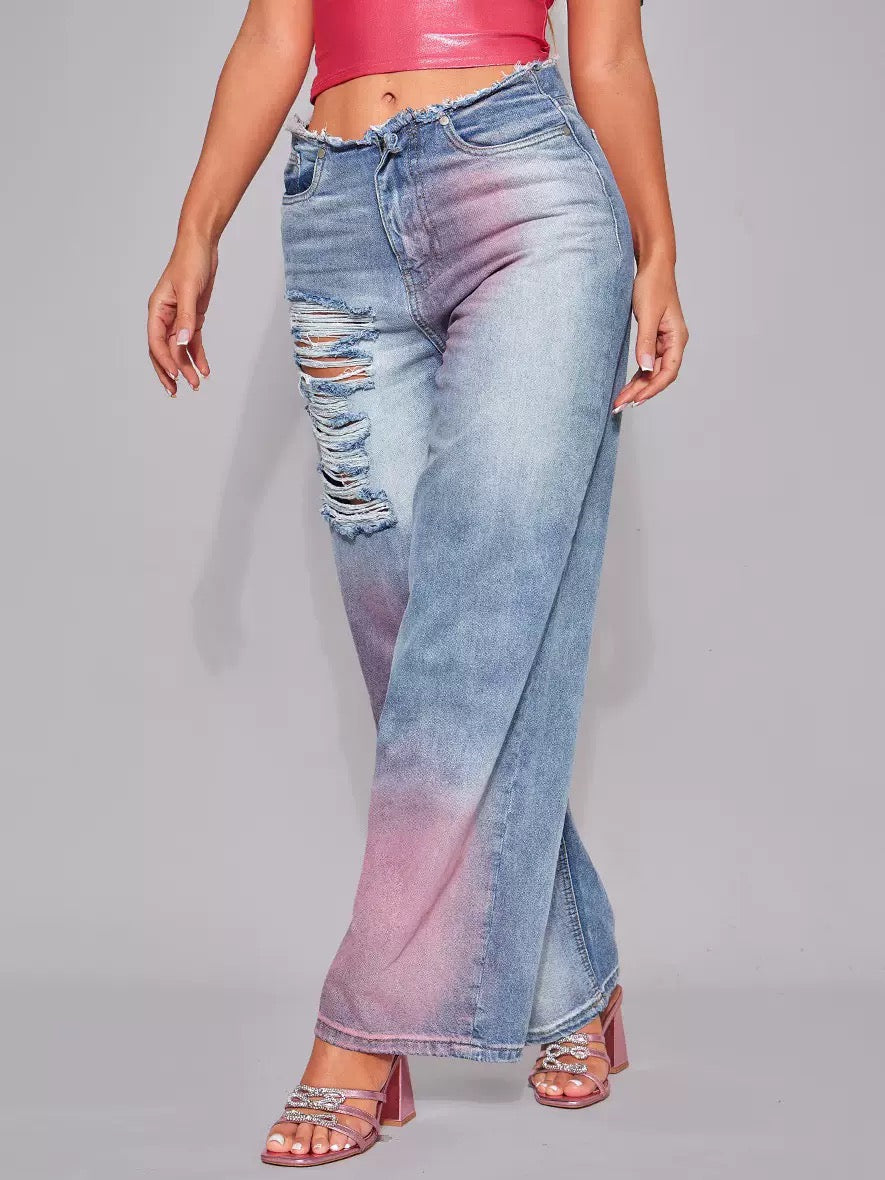 European and American outer size broken style wide-leg trousers women's autumn and winter personalized inkjet contrast color design Slimming jeans women